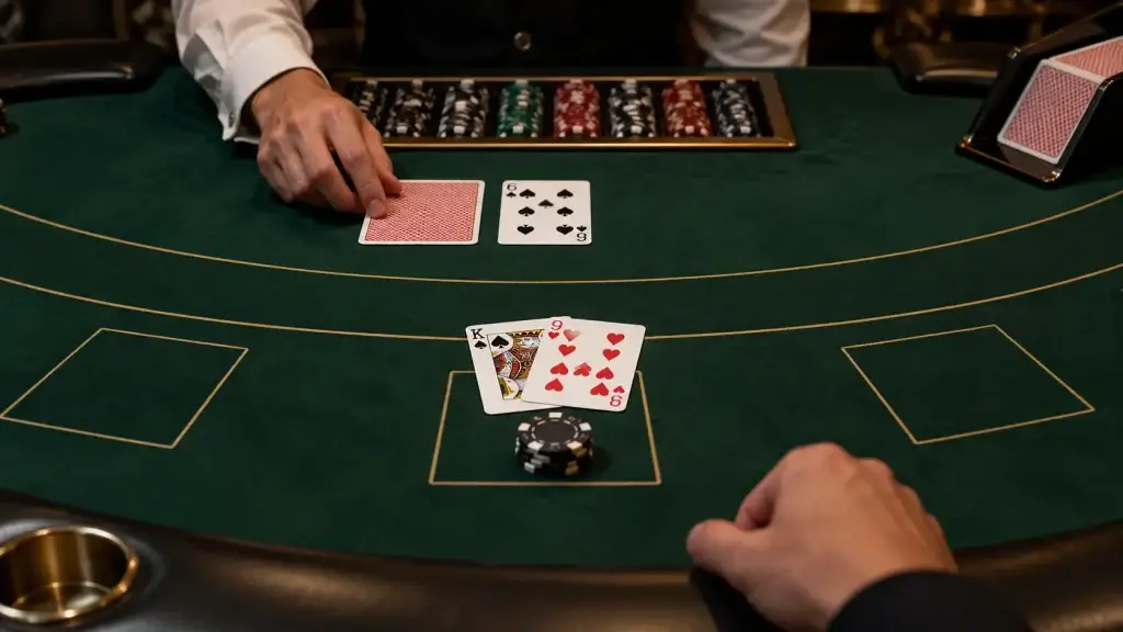 Blackjack table with playing cards and chips during a casino round