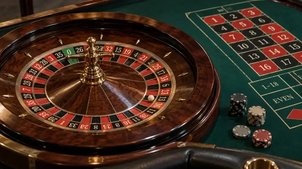 European roulette wheel and betting table with casino chips
